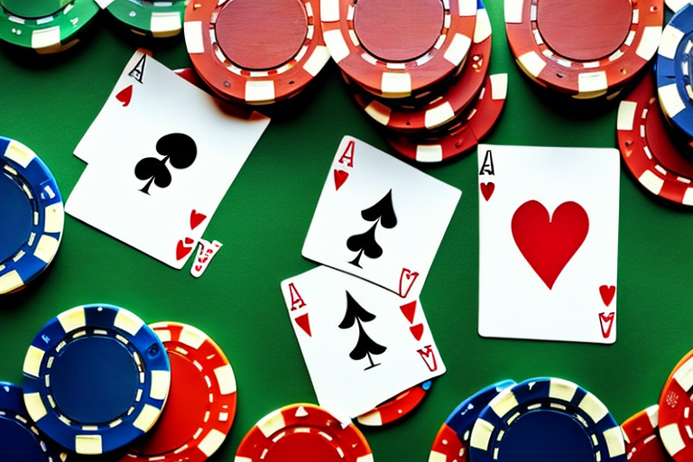 A poker table with cards and chips